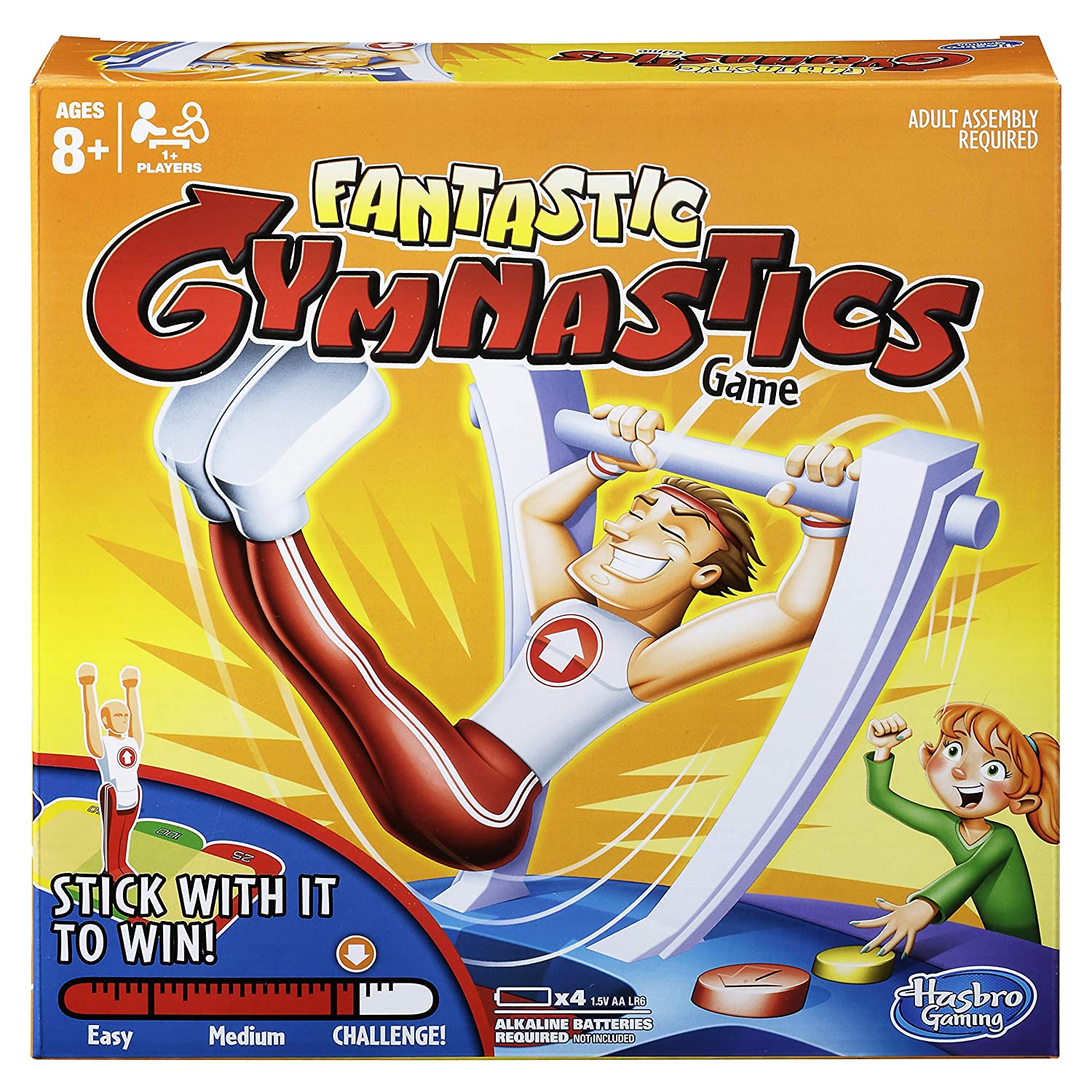 Hasbro Gaming Fantastic Gymnastics Hasbro Gaming Fantastic GymnasticsGet him to land on the mat, on his feet for the win
Stick the perfect landing. Ages 8 and up. 4 x 1.5V AA size alkaline batteries required(Not included)
Play solo, head-to-head, or challenge friends to a tournament
Aim to get the perfect 100-point score