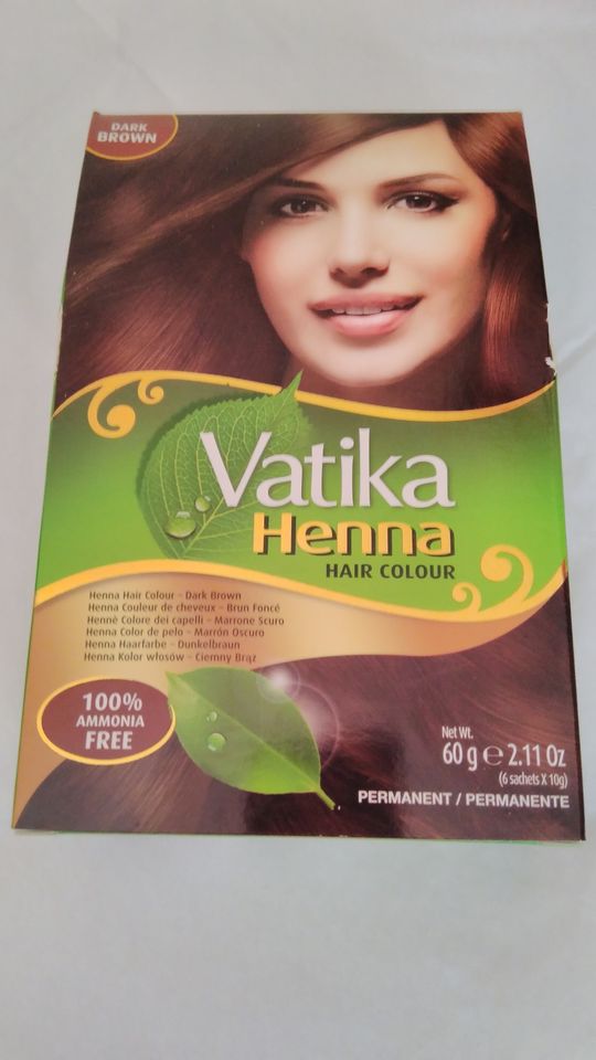 Vatika Henna hair dye dark brown
 Henna hair dye dark brown opened but still has 5 unused packets in there
